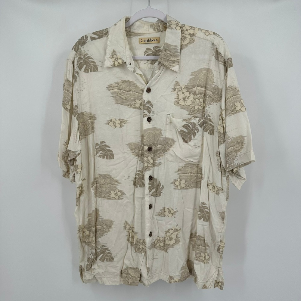 Caribbean Mens Tropical Hawaiian Shirt Size L Floral Alohoa Vacation Resort